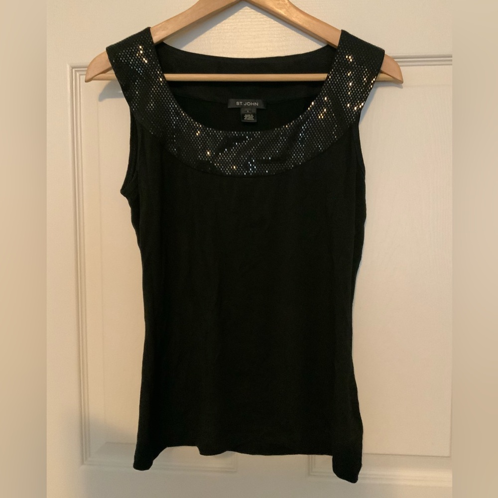 St John Sequin Shimmer Black Tank Top Sleeveless Size S